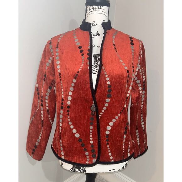 Khangura Jackets & Blazers - Khangura Statement Jacket Red Orange Novelty Circle Print Black Trim Career Wear